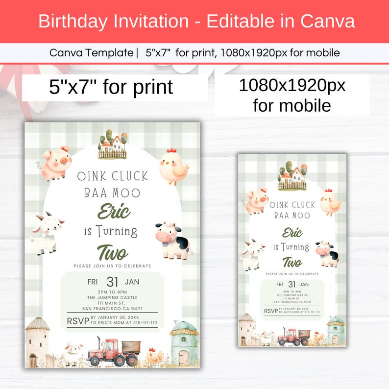 Oink Cluck Baa Moo Farm Animal Birthday Invitation, Editable Green 2 ...