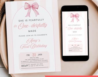 Fearfully and One-derfully Made Birthday Invitation, Editable Pink Bow Girl First Birthday Invite,  Mobile Phone Text Digital Party Invite