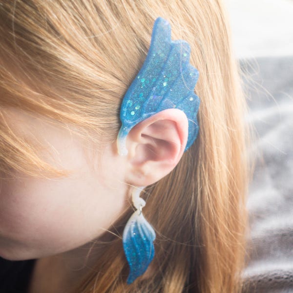 Magical elf ears made of epoxy resin, feather, glitter, costume accessory for children & adults, handmade, cosplay, dress-up, fairy ears
