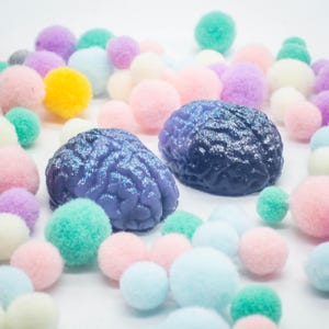 Può includere: Due saponi viola a forma di cervello con glitter, circondati da pompon colorati.