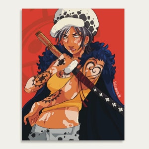 May include: A digital illustration of a woman wearing a black and white spotted hat, a yellow tank top, and a blue jacket. She has a heart tattoo on her arm and is holding a sword with a red handle. The background is red.
