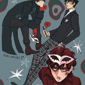 May include: Three cartoon characters wearing masks and suits. The character on the left is wearing a black suit and a red mask. The character in the middle is wearing a black and white plaid suit and a white mask. The character on the right is wearing a black suit and a white mask. The background is a light blue with red and white stars.