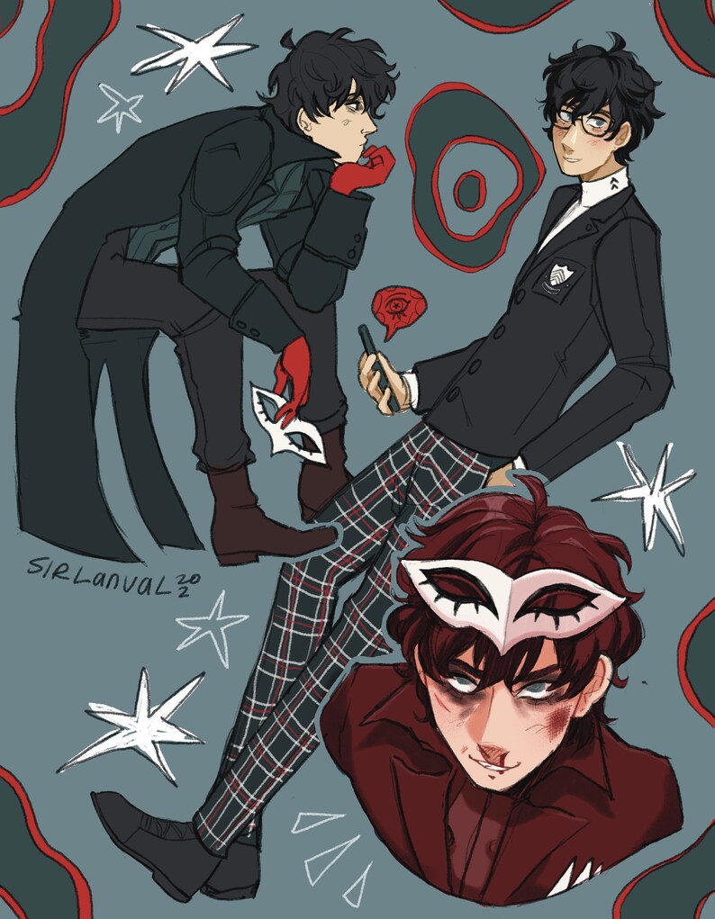 May include: Three cartoon characters wearing masks and suits. The character on the left is wearing a black suit and a red mask. The character in the middle is wearing a black and white plaid suit and a white mask. The character on the right is wearing a black suit and a white mask. The background is a light blue with red and white stars.