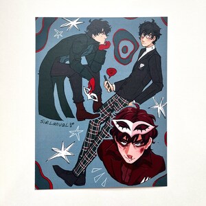 May include: A digital illustration of three characters from the Persona series. The characters are wearing black and red clothing and have masks over their eyes. The background is blue with white stars and red swirls.