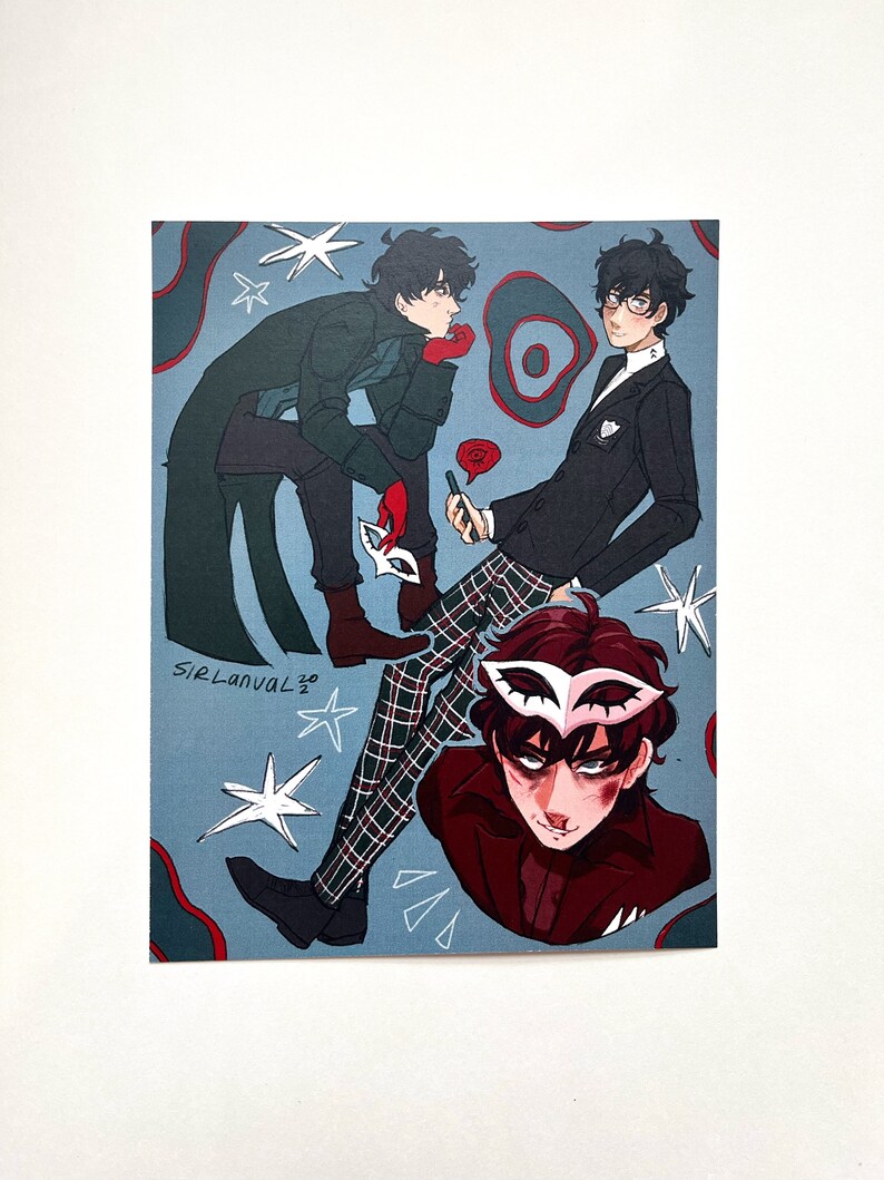 May include: A digital illustration of three characters from the Persona series. The characters are wearing black and red clothing and have masks over their eyes. The background is blue with white stars and red swirls.