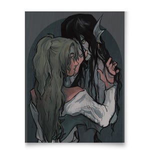 May include: A digital illustration featuring two figures in an embrace. One figure has long, wavy light brown hair and wears a white top. The other figure has long, dark hair, pale skin, pointed ears, and dark, webbed-like hands around the first figure.