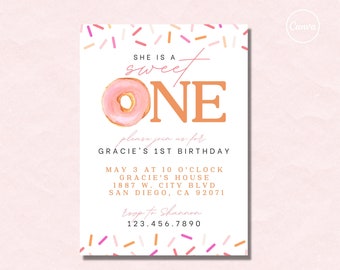 Donut First Birthday Party, First Birthday Invite, One Year Old Donut Theme Birthday, Donut Party, Donut Invite, First Birthday Party Invite