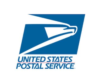 May include: The United States Postal Service logo features a blue eagle head within a blue parallelogram. Below the emblem, the words "UNITED STATES POSTAL SERVICE" are displayed in blue text.
