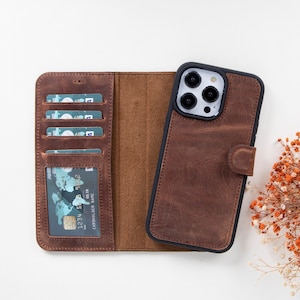 Personalized Leather iPhone 15 Series Phone Case, iPhone 14/Pro/Plus/ProMax Phone Case, iPhone 13 Series Magnetic Detachable Wallet Case