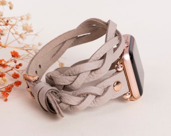 Leather Apple Watch Band, 38mm 40mm 41mm 42mm 44mm 45mm 46mm Double Wrap women iWatch Strap for 10 9 8 7 6 5 4 3 2 & SE, Fitbit Series Band