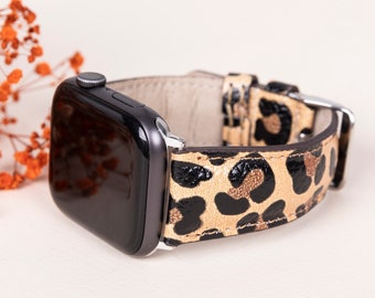 Leopard Printed Leather Apple Watch Band, 38mm 40mm 41mm 42mm 44mm 45mm women iWatch Strap 8 7 6 5 4 3 2 1 & SE, Fitbit Series Watch Band