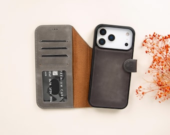 Personalized Leather iPhone 17 Series Phone Case, iPhone 17/17 Air/17 Pro/17 ProMax Wallet Case, iPhone 17 Pro Max Detachable Phone Case