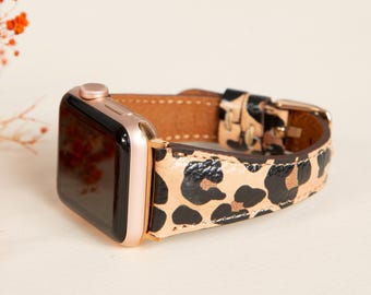 Leopard Printed Leather Apple Watch Band 38mm 40mm 41mm 42mm 44mm 45mm, women iWatch Strap 9 8 7 6 5 4 3 2 1 & SE, Fitbit Series Watchband