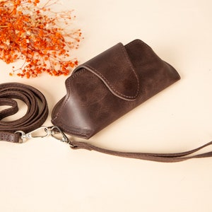 Personalizable Leather Glasses Case, Long Strap Glasses Case, Magnetic Closure Glasses Case with Strap, Custom Glasses Case with Handle