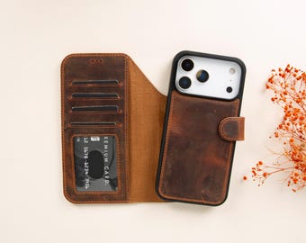 Personalized Leather iPhone 17 Series Phone Case, iPhone 17/17 Air/17 Pro/17 ProMax Wallet Case, iPhone 17 Pro Max Detachable Phone Case