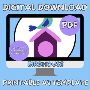 Puede incluir: Una pantalla de ordenador muestra un gráfico de descarga digital con un diseño de casa para pájaros. El diseño incluye una casa para pájaros morada, un pájaro azul y verde y el texto "PDF". La pantalla también muestra el texto "DESCARGA DIGITAL", "CASA PARA PÁJAROS", "PLANTILLA A4 IMPRIMIBLE" y "VIENE CON INSTRUCCIONES DE AGUJA PERFORADORA".