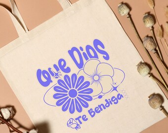 Que Dios Cotton Canvas Tote Bag | Inspirational Reusable Bolsa
