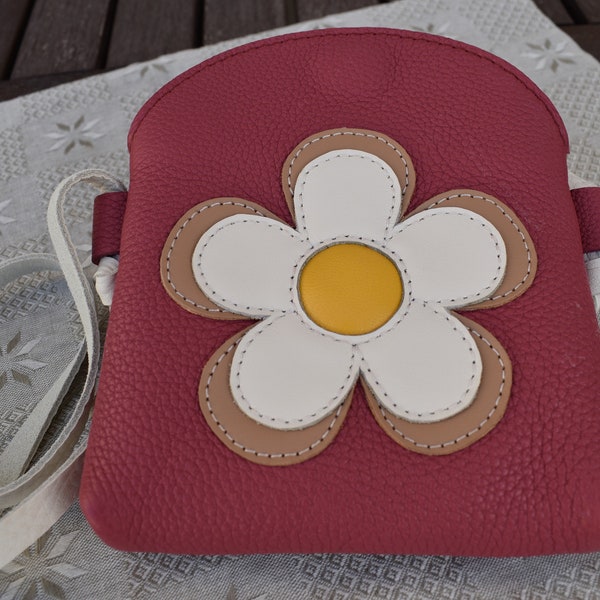 Toddler purse, Girls purse, Leather crossbody bag, Floral design, Handmade in Latvia