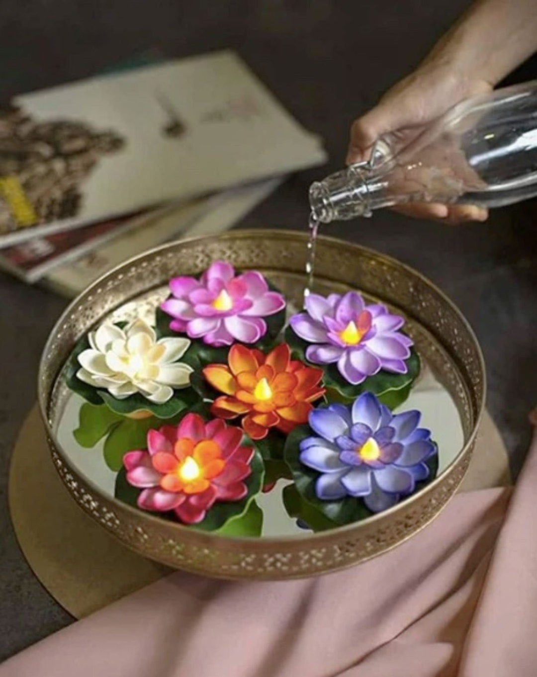 Water Floating Candles 6 Pcs Lotus Flowers Sensor Led Tea Light Diwali Home Temple Office Decor