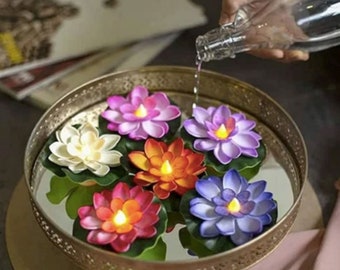 Bougies flottantes à l'eau | 6 bougies chauffe-plat à capteur de fleurs de lotus | Décoration de bureau pour temple Diwali Home| Retourner des cadeaux | Cadeaux pour elle | Lotus blanc