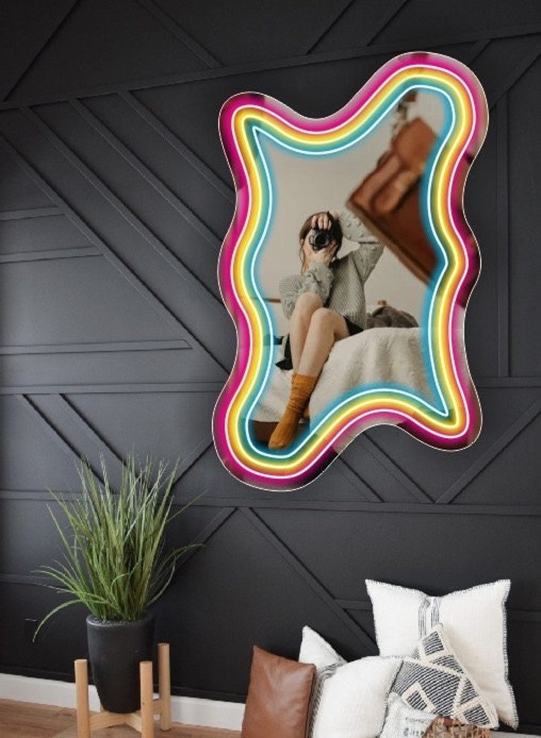 Wavy Neon Wall Mirror, Custom Floor Mirror Home Decor, Mirror Wall Decor Personalized Gift ...