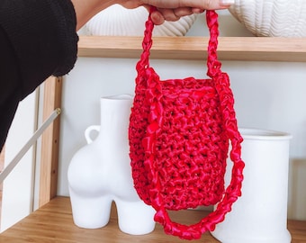 CROCHET PATTERN: Small bucket bag (PDF) | Satin ribbon handbag | Double strap | Eng