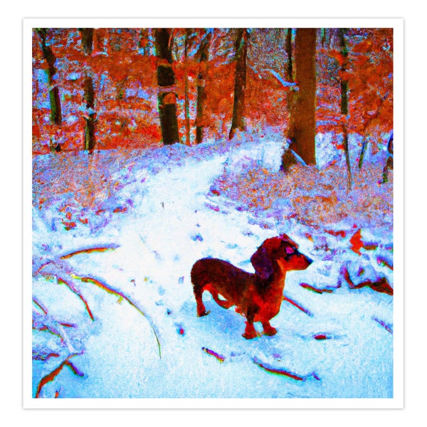 Dachshund Greeting Card, 5x5 Inch Square, Blank Inside, With Envelope -- Snowy Walk