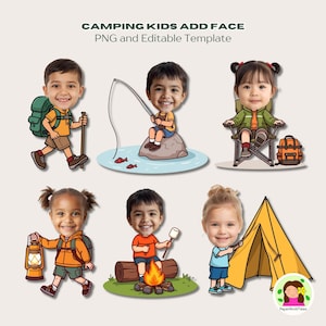 Puede incluir: Ilustración digital de seis niños realizando actividades de camping. La imagen incluye un niño caminando con una mochila, pescando, sentado en una silla de camping, llevando una linterna, asando una malvavisco y de pie junto a una tienda de campaña. Texto: CAMPING KIDS ADD FACE PNG and Editable Template.