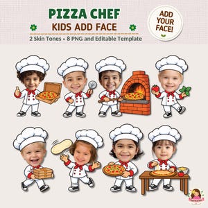 May include: A digital graphic set titled PIZZA CHEF KIDS ADD FACE featuring eight cartoon characters wearing white chef hats and uniforms. The characters are shown in various poses with pizza-related items like ovens, boxes, and dough.