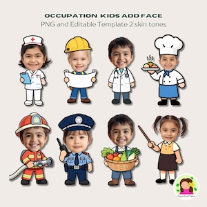 Può includere: Illustrazione di bambini vestiti con costumi di varie professioni: infermiera, operaio edile, medico, chef, pompiere, poliziotto, agricoltore e insegnante. Il testo recita "OCCUPATION KIDS ADD FACE" e "PNG and Editable Template 2 skin tones".