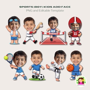 Op de afbeelding: Cartoon illustraties van een jongen in verschillende sportposes. De afbeelding bevat een zwemmer, honkballer, hardloper, American footballspeler, tennisser, voetballer, karateka en basketballer. De tekst luidt "SPORTS (BOY) KIDS ADD FACE" en "PNG and Editable Template".
