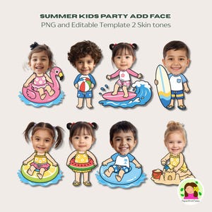 Puede incluir: Una plantilla digital con ocho caras de ni&ntilde;os de dibujos animados, cada una con un tema de verano. Los ni&ntilde;os se representan con varios accesorios de verano, incluyendo un flotador de flamenco, una pelota de playa, una tabla de surf y un castillo de arena. El texto en la parte superior dice "SUMMER KIDS PARTY ADD FACE".