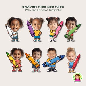 Puede incluir: Ilustración de ocho niños sosteniendo grandes crayones de varios colores. La imagen incluye el texto "CRAYON KIDS ADD FACE PNG and Editable Template". Cada niño sonríe y viste ropa informal.