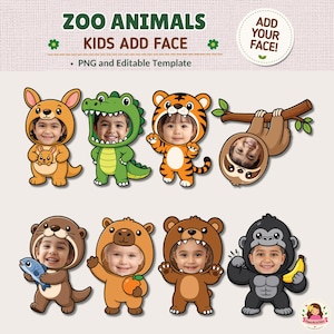Op de afbeelding: Een digitaal sjabloon met acht cartoon-dierentuin-dieren, waaronder een kangoeroe, krokodil, tijger, luiaard, otter, beer en gorilla. Elk dier heeft een ronde uitsparing voor een kindergezicht. De tekst luidt ZOO ANIMALS KIDS ADD FACE.