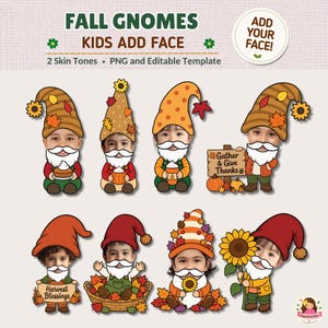 Puede incluir: Un conjunto gráfico digital titulado FALL GNOMES KIDS ADD FACE que presenta ocho ilustraciones de gnomos con barbas blancas y sombreros de otoño. Cada gnomo tiene un espacio para la cara de un niño, algunos sostienen calabazas, girasoles o carteles que dicen Gather & Give Thanks y Harvest Blessings.