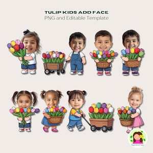 Puede incluir: Ilustración digital de niños con tulipanes. El texto "TULIP KIDS ADD FACE" y "PNG and Editable Template" es visible. Los niños sostienen ramos, cestas o tiran de un carro lleno de tulipanes de colores. Los niños visten diferentes atuendos.