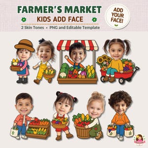 Puede incluir: Un conjunto gráfico digital titulado FARMER'S MARKET KIDS ADD FACE que presenta ocho niños estilo caricatura con rostros personalizables. Las ilustraciones muestran niños interactuando con productos, incluyendo cestas de verduras, un puesto de mercado y un carro rojo.