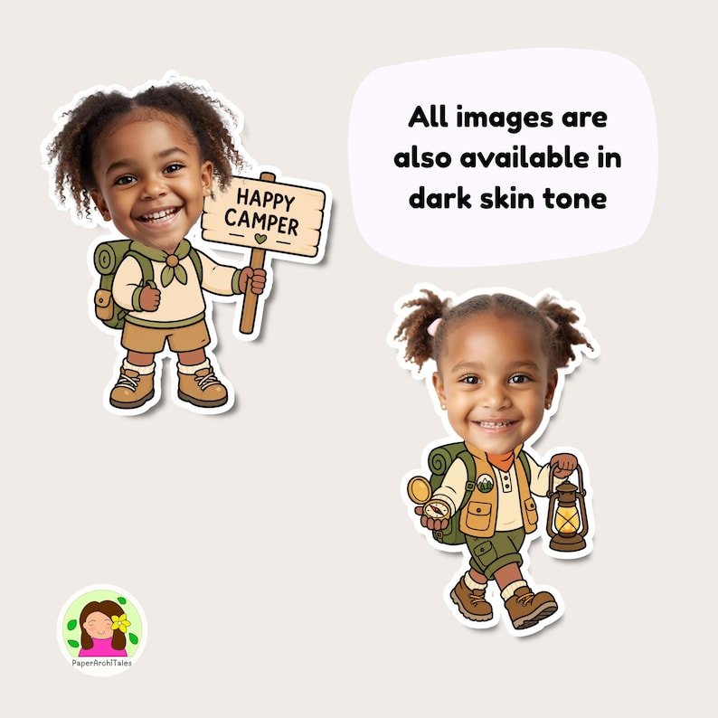 May include: Two cartoon stickers of a smiling child with dark skin, dressed as a camper. One holds a sign that says "Happy Camper." The other holds a compass and a lantern. Text states, "All images are also available in dark skin tone."