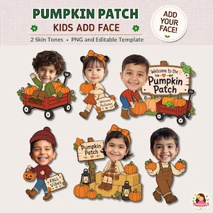 Puede incluir: Un conjunto gráfico digital titulado PUMPKIN PATCH KIDS ADD FACE que presenta seis ilustraciones de niños con rostros personalizables. Las escenas incluyen niños con calabazas, vagones, fardos de heno, linternas y letreros que dicen Pumpkin Patch.