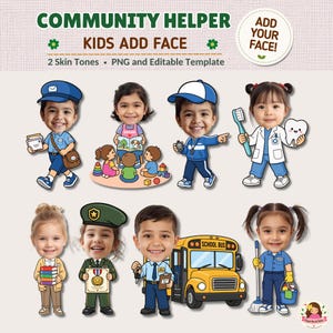 Puede incluir: Una plantilla digital titulada COMMUNITY HELPER KIDS ADD FACE que presenta ocho personajes de dibujos animados vestidos como varios profesionales, incluyendo un cartero, maestro, entrenador, dentista, estudiante, soldado, conductor de autobús y limpiador con un autobús escolar amarillo.