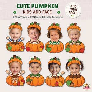 Może przedstawiać: Cyfrowy zestaw szablonów zatytułowany CUTE PUMPKIN KIDS ADD FACE zawierający osiem ilustracji dzieci z uśmiechniętymi twarzami wyłaniającymi się z pomarańczowych dyń. Grafiki zawierają jesienne liście, pnącza i różne wzory ubrań do edycji.