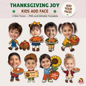 Puede incluir: Una plantilla gráfica digital con temática de Acción de Gracias que muestra ocho niños de dibujos animados con rostros personalizables. Los personajes sostienen artículos de temporada como calabazas, pavos, pasteles y letreros.