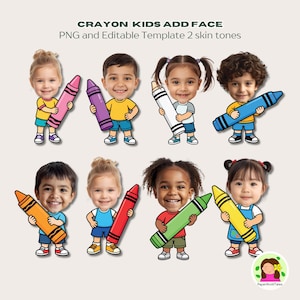 K&ouml;nnte beinhalten: Digitales Grafikset mit dem Titel CRAYON KIDS ADD FACE PNG and Editable Template 2 skin tones, bestehend aus acht Cartoon-Kindern mit realistischen Gesichtern, die jeweils einen gro&szlig;en Stift in Pink, Lila, Wei&szlig;, Blau, Orange, Rot, Gr&uuml;n oder Gelb halten.