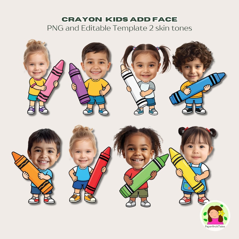 K&ouml;nnte beinhalten: Digitales Grafikset mit dem Titel CRAYON KIDS ADD FACE PNG and Editable Template 2 skin tones, bestehend aus acht Cartoon-Kindern mit realistischen Gesichtern, die jeweils einen gro&szlig;en Stift in Pink, Lila, Wei&szlig;, Blau, Orange, Rot, Gr&uuml;n oder Gelb halten.