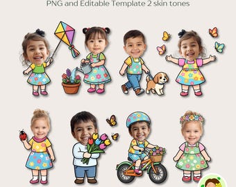 Actividad de primavera para niños: Agregar caras, Decorar tablón de anuncios, Cortar y pegar (Canva Edit, PNG)