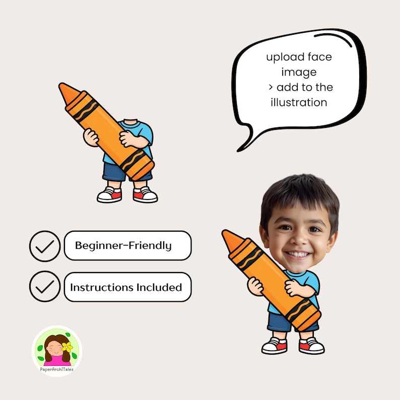 K&ouml;nnte beinhalten: Eine digitale Illustration einer Zeichentrickfigur, die einen gro&szlig;en orangefarbenen Buntstift h&auml;lt, mit einer Sprechblase mit dem Text 'upload face image > add to the illustration'. Enth&auml;lt Textfelder mit 'Beginner-Friendly' und 'Instructions Included'.