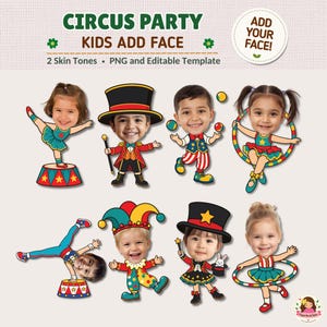 Pode incluir: Um conjunto de modelos digitais intitulado CIRCUS PARTY KIDS ADD FACE com oito ilustrações de artistas de circo em estilo cartoon com espaços vazios para rostos, incluindo acrobatas, um mestre de cerimônias, um palhaço e um mágico.