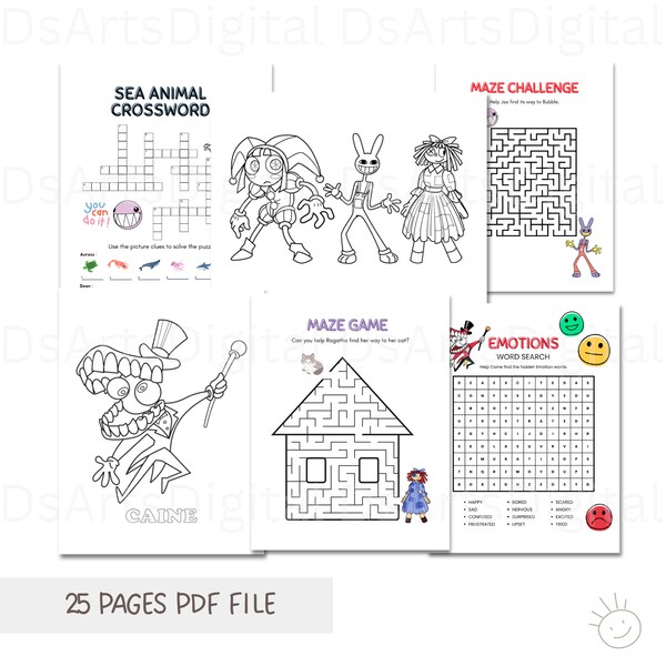 Digital Circus Coloring Page and Activities for Kids 25 Pages PDF file ready to print for personal use