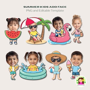 Op de afbeelding: Een digitale afbeelding met acht cartoonkinderen met zomerse accessoires. De afbeelding bevat de tekst "SUMMER KIDS ADD FACE PNG and Editable Template". Elk kind wordt afgebeeld met een zonnebril en zomerse items zoals watermeloen, een parasol en een flamingo-drijver.