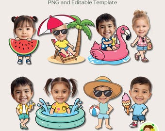 Actividad de verano para niños: Agregar caras, Decorar tablón de anuncios, Cortar y pegar (Canva Edit, PNG)